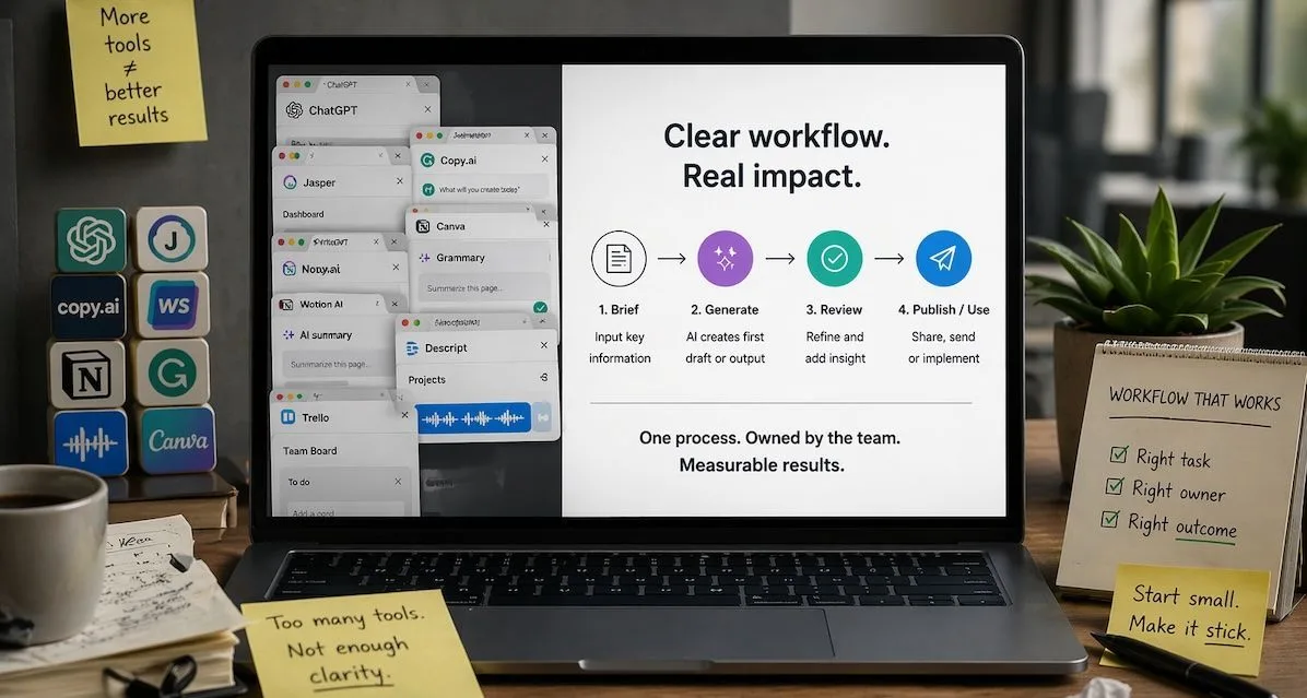 Cluttered tools compared with a clear AI workflow